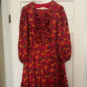J Crew Collection Tiered Silk Long Sleeve Dress in Cerise Jungle Cat